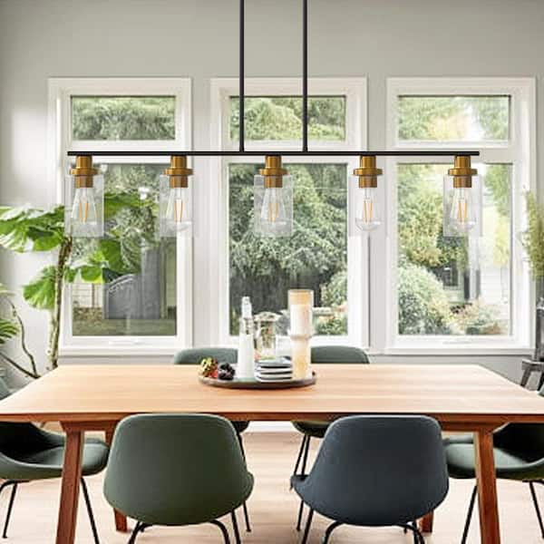 5-Light Black and Gold Farmhouse Linear Island Pendant Light with Clear Glass Shade for Dining Room, Kitchen Island