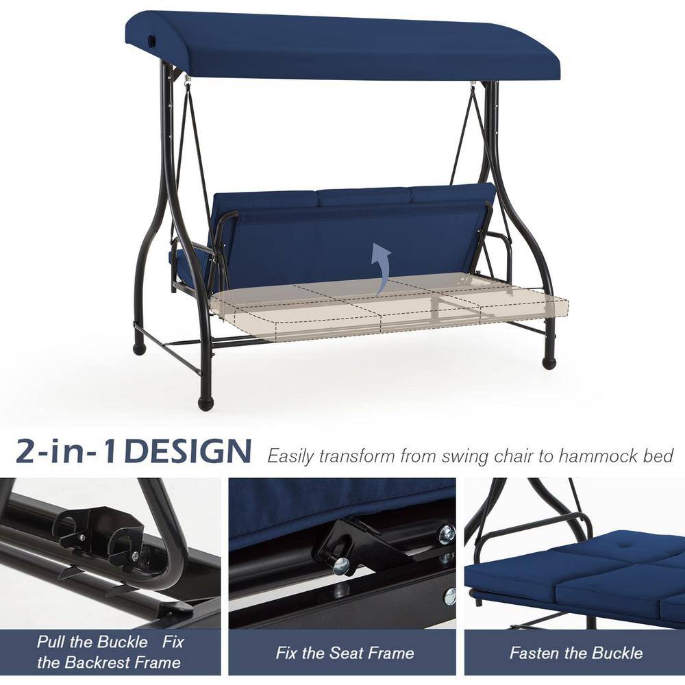 Blue Cushioned Steel Frame 3-Person Porch Swing with Adjustable Canopy