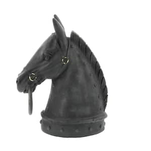 Black Polystone Antique Style Head Horse Sculpture with Hitching Post and Gold Accents