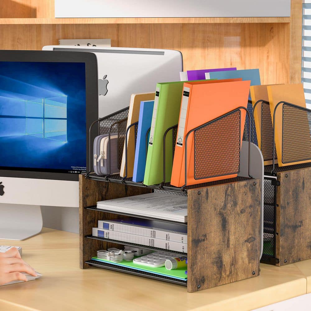 Brown 15.36 in. x 13.58 in. 4-Tier Wood Desk File Organizer with 5 ...