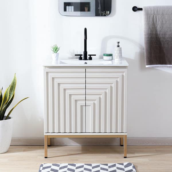 Rowan 30 in. W x 18 in. D x 33 in. H Geometric Modern Transitional 2-Shelf Bath Vanity Cabinet without Top in White/Gold