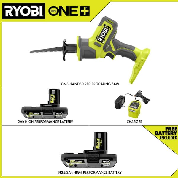 ONE+ 18V Cordless One-Handed Reciprocating Saw Kit, 2 Ah Battery with ONE+ 18V 2.0 Ah HIGH PERFORMANCE Battery