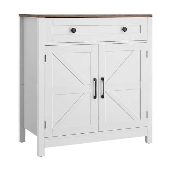 Coffee Bar Cabinet, Farmhouse Coffee Bar Table with Drawer, Buffet Stand Cabinet 2 Barn Door, 29.5x14.7x31.5 in., White