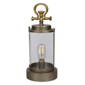 15 in. Vintage Metal and Glass Outdoor Lantern w/Warm Battery Operated LED, Gold