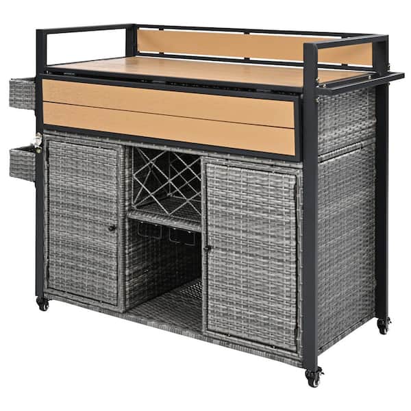 52.80 in. W x 28.30 in. D x 41.50 in. H Gray Wicker Outdoor Storage Cabinet Bar Table Grill Cart Rolling Kitchen Island