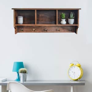 14 in. H x 36 in. L x 9 in. D Acacia Wood Floating Decorative Cubby Wall Shelf with 5-Double Hooks