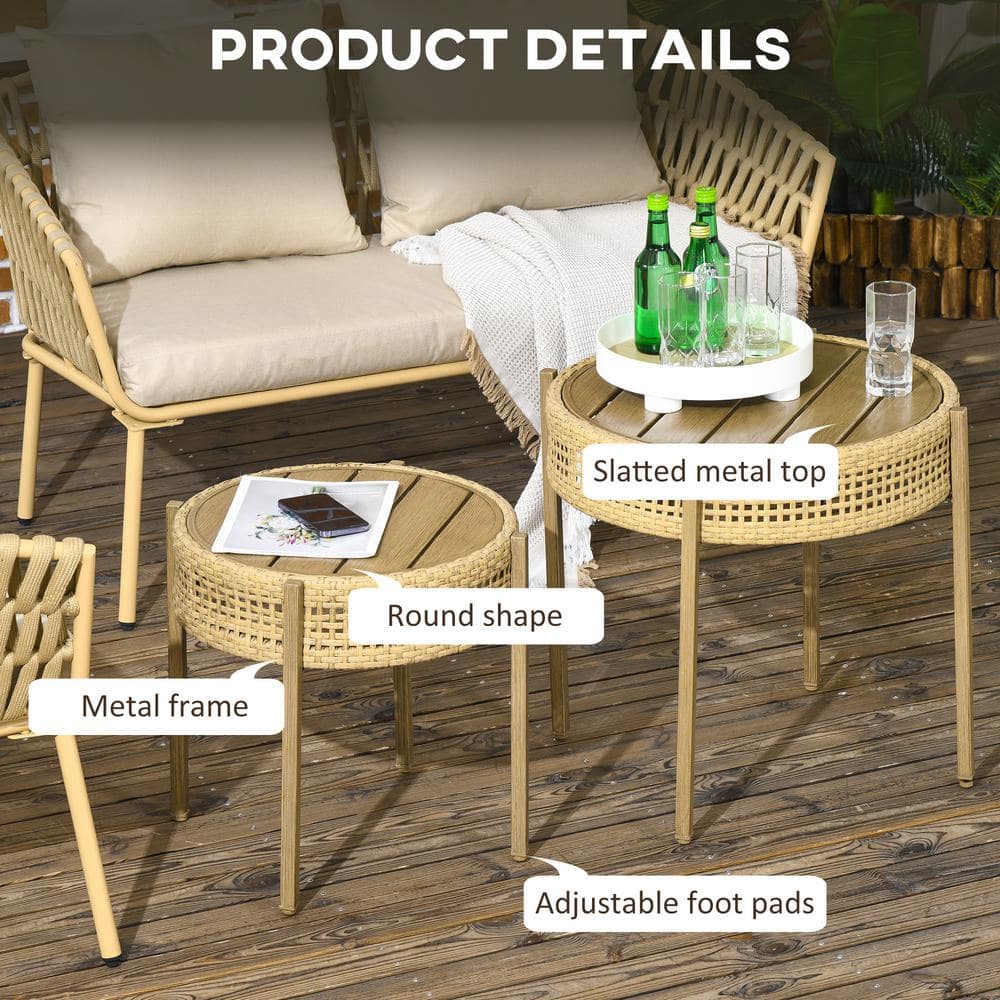 Brown Steel and Rattan Round Outdoor Accent Table Set