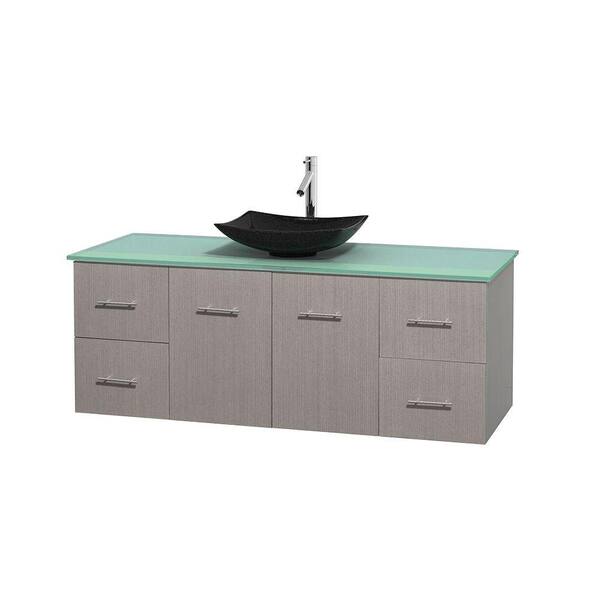 Wyndham Collection Centra 60 in. Vanity in Gray Oak with Glass Vanity Top in Green and Black Granite Sink