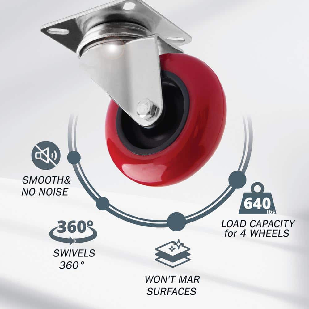 POWERTEC 3-Inch Red Polyurethane Swivel Plate Caster Wheels, Set of 4