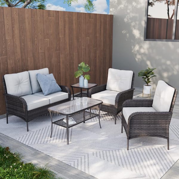 COOS BAY 5-Piece Brown Wicker Patio Furniture Set Sofa Set Loveseat and 2 Chairs with Beige Cushions, Side Table and Coffee Table