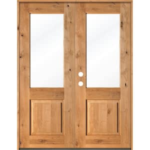 64 in. x 96 in. Rustic Knotty Alder Clear Half-Lite Clear Stain Wood Right Active Inswing Double Prehung Front Door