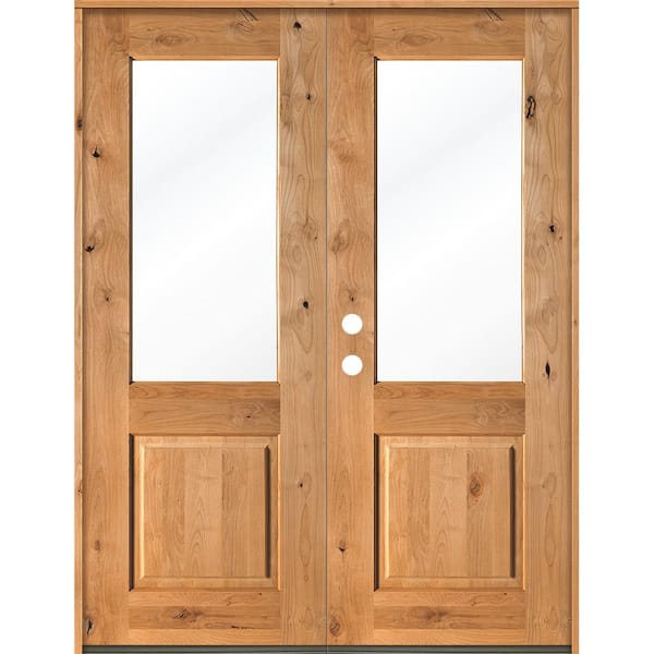 Krosswood Doors 64 in. x 96 in. Rustic Knotty Alder Clear Half-Lite Clear Stain Wood Right Active Inswing Double Prehung Front Door