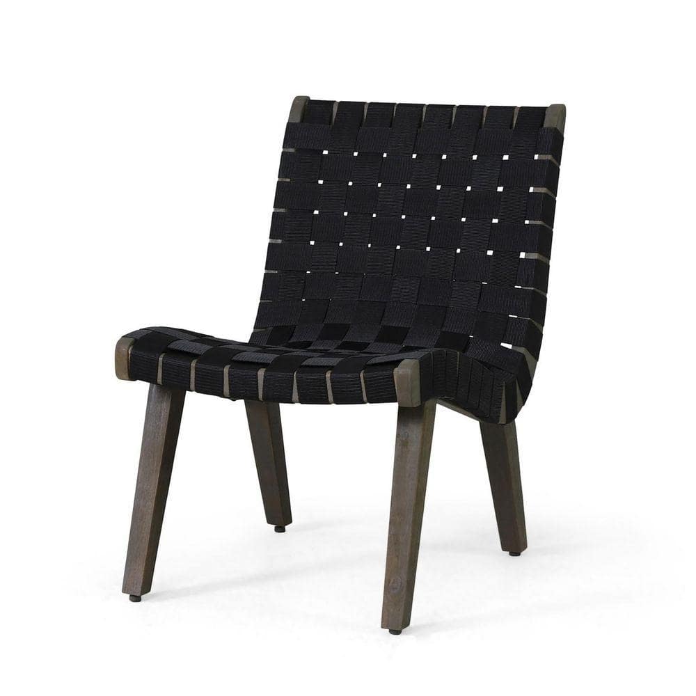 A single black woven outdoor lounge chair with a dark wood frame.