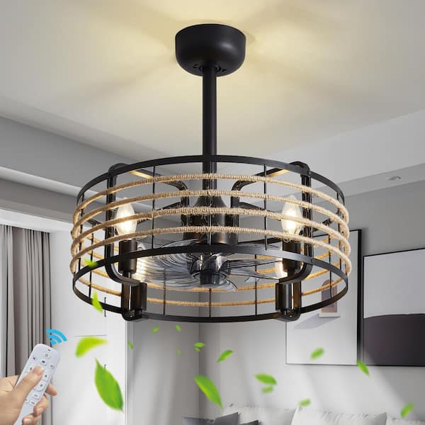 18.5 in. Indoor Hemp Rope Caged Ceiling Fan with Lights, 6-Speed Fan Lights with Remote