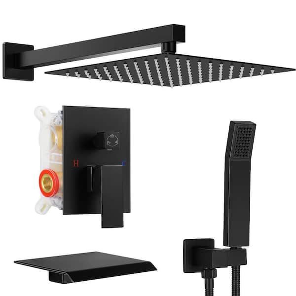 Single Handle 3-Spray Square Shower Faucet Bathroom Shower Combo Set 2.5 GPM with waterfall spout in Matte Black