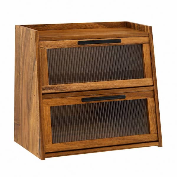1 Piece Natural Acacia Wood Double-Layer Bread Box with Fluted Acrylic Door and Bronze Handles