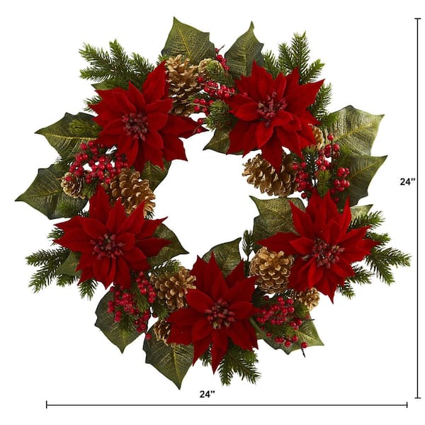 24in. Artificial Unlit Artificial Holiday Wreath with Poinsettia, Berry and Golden Pine Cone