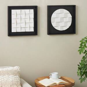Wood White 3D Cube Grid Geometric Wall Art with Black Frames (Set of 2)