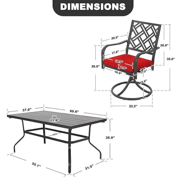 Black 7-Piece Metal Rectangle Outdoor Dining Set with Red Cushions and 1.6 Umbrella Hole, Swivel Design