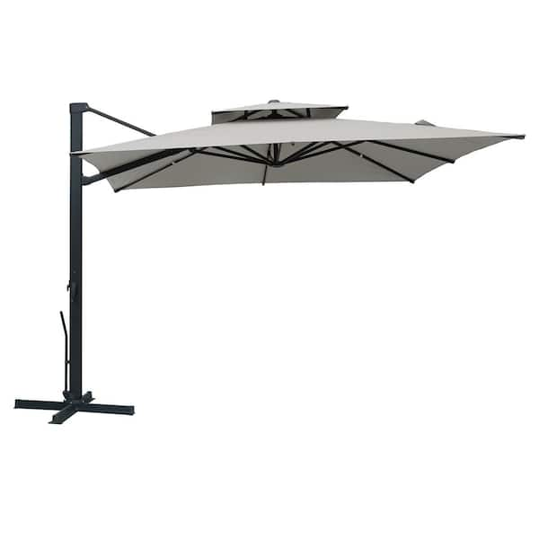 10 ft. x 10 ft. Double Top Cantilever Umbrella Rectangular Crank Market Umbrella Patio Umbrella in Gray