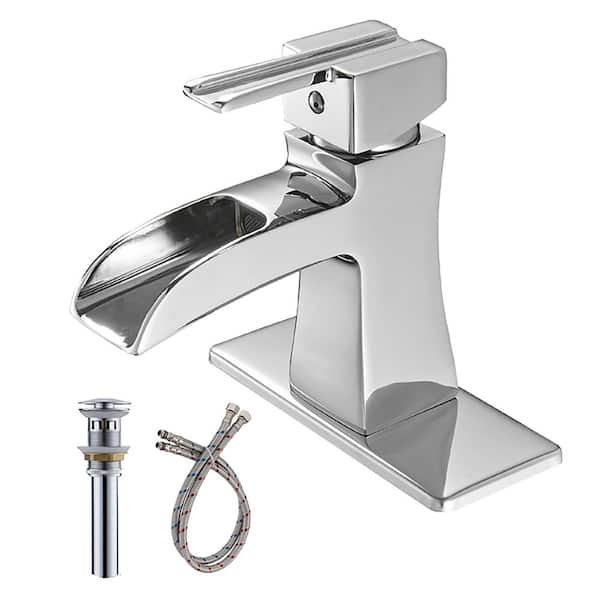 Unbranded Waterfall Single Hole Single-Handle Low-Arc Bathroom Faucet With Pop-up Drain Assembly in Polished Chrome