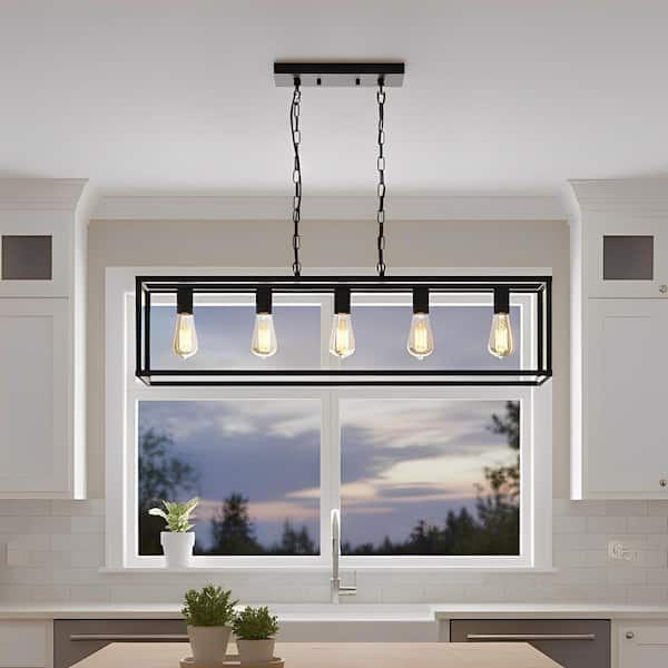 YANSUN 5-Light Matte Black Farmhouse Kitchen Island Lighting, Modern Rectangular Chandeliers for Dining room Foyer