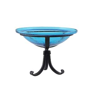 12.5 in. Dia Teal Blue Reflective Crackle Glass Birdbath Bowl with Tripod Stand