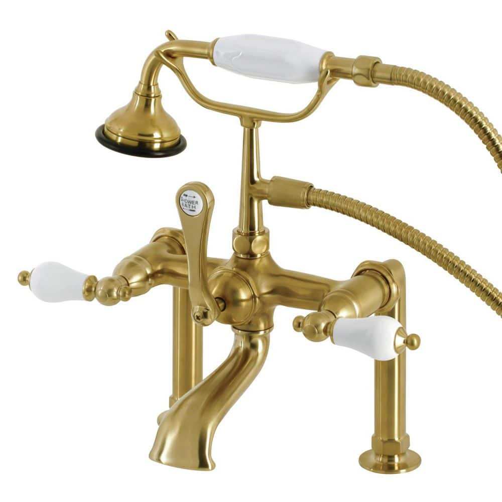 Kingston Brass Aqua Vintage 3Handle DeckMount Clawfoot Tub Faucets with Hand Shower in Brushed