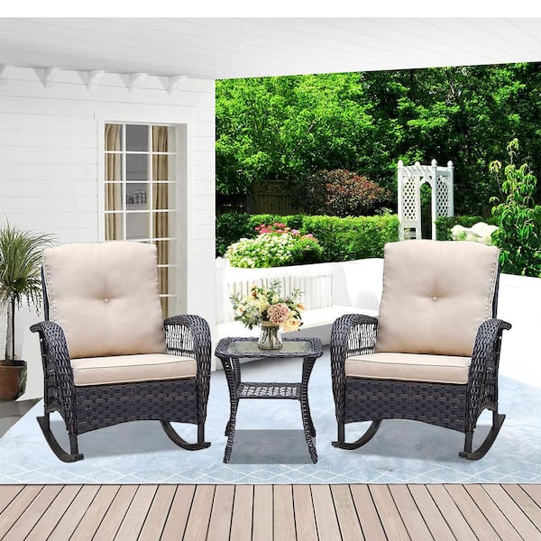 Unbranded 3-Piece Wicker Patio Conversation Set, Outdoor Rocker Swivel Bistro Set with Glass Top Side Table and Khaki Cushions