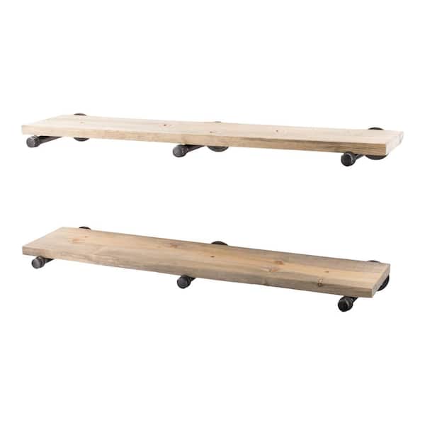 PIPE DECOR 36 in. x 7.5 in. x 6.75 in. Driftwood Tan Restore Wood Decorative Wall Shelf - Industrial Steel Pipe Straight Brackets