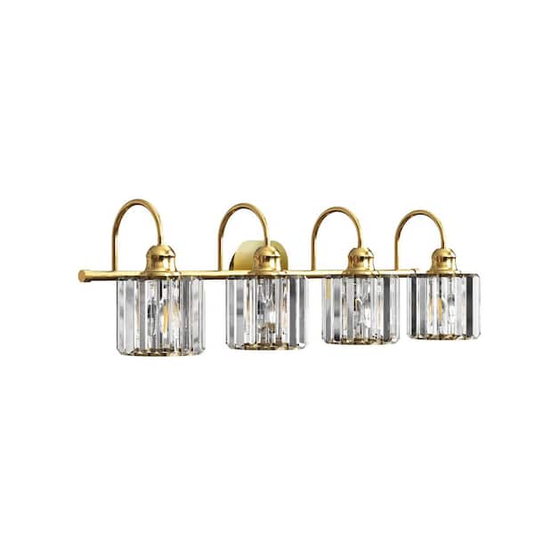 ExBrite Merrin 32 in. 4-Light Brushed Gold Bathroom Vanity Light with Crystal Shades