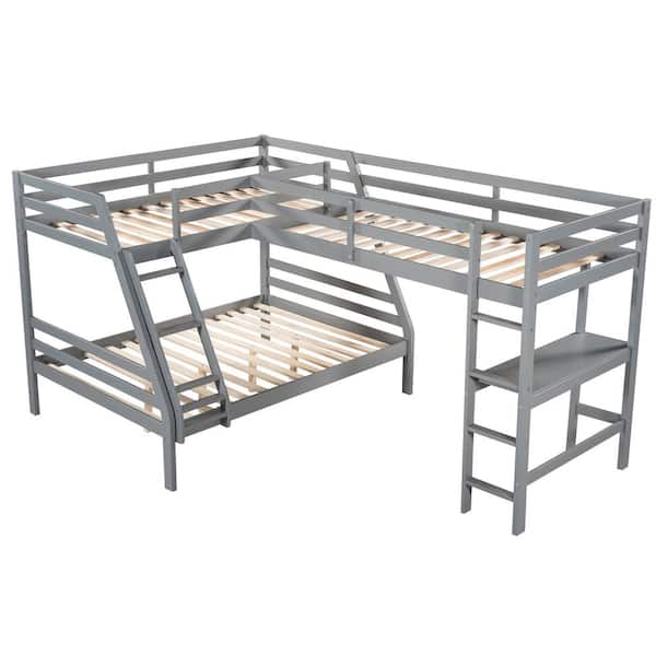 Angel Sar Gray L Shaped Triple Bunk Bed, L Shaped Triple Bunk Bed With Desktop