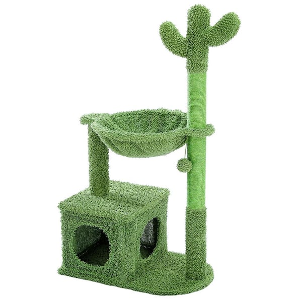 ATENGNES 40 in. Green Cactus Cat Tree Condo with Hammock Perch, Cat Sisal Scratching Post for Indoor Kitty Medium Cats