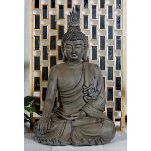 Gray Polystone Meditating Buddha Sculpture with Engraved Carvings and Relief Detailing