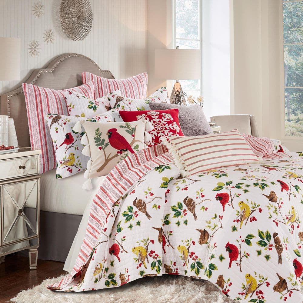 Joy Birds Reversible Red and White Microfiber Full/Queen Quilt Set