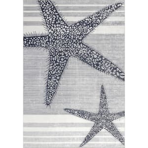 Starfish and Stripes Machine Washable Light Gray 5 ft. x 8 ft. Area Rug