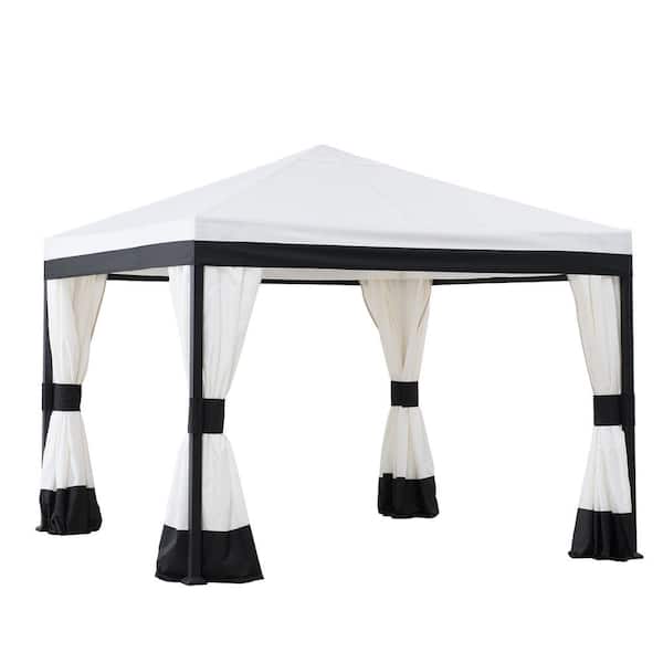 10 ft. x 10 ft. Black and White Steel Frame Gazebo with Mosquito Netting and Privacy Curtain for Lawn, Backyard