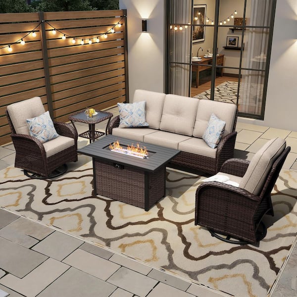 5-Piece Fire Pit Patio Set Wicker Outdoor Patio Conversation Set with Swivel Rocking Chairs and Beige Cushions