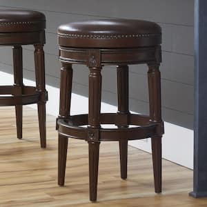 Chapman 31 in. Distressed Walnut Backless Wood Swivel Bar Stool with Brown Faux Leather Seat, 1-Stool
