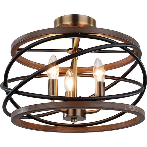 Volume Lighting 15.75 in. 3-Light Antique Gold and Walnut Ringed Candelabra Semi- Flush Mount