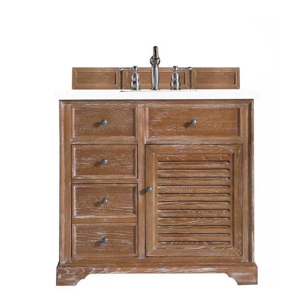 James Martin Vanities Savannah 36.0 in. W x 23.5 in. D x 34.3 in. H Bathroom Vanity in Driftwood with White Zeus Quartz Top