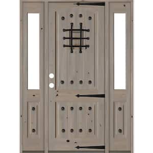 64 in. x 96 in. Mediterranean Knotty Alder Right-Hand/Inswing Clear Glass Grey Stain Wood Prehung Front Door w/DHSL