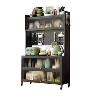 4-Tier Black Metal Kitchen Shelf with Hooks and Alloy Universal Wheels