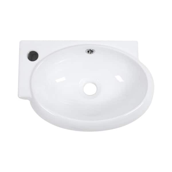 Sarlai 16.5 in. White Porcelain Ceramic Oval Wall-Mounted Bath Vanity Vessel Sink Single Bowl Basin with Faucet Hole & Overflow