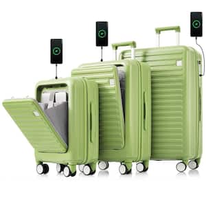 3-Piece Light Green 20"24"28" ABS Hardshell Spinner Luggage Set with USB Ports, Cup Holders, Front Opening Design