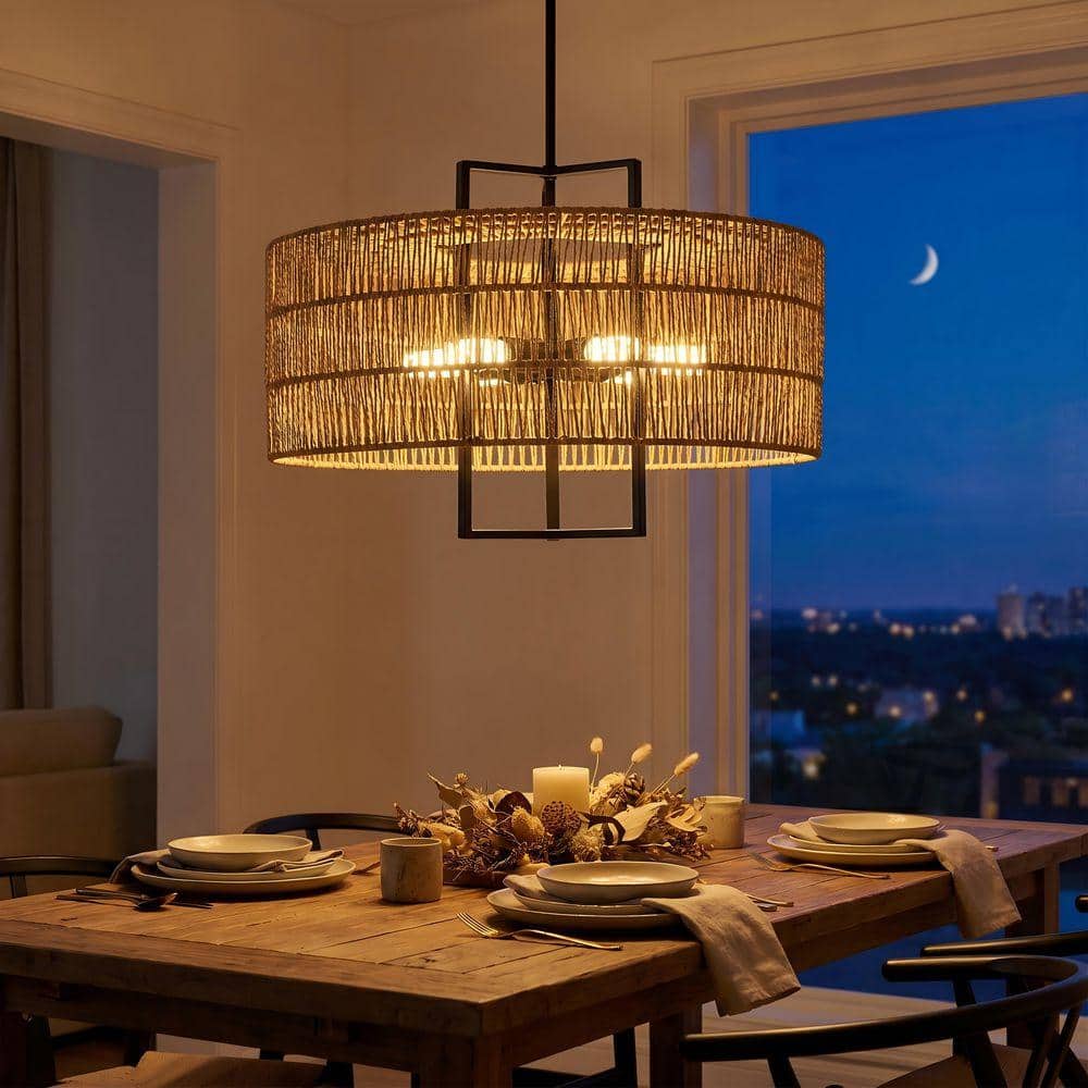ETONIMERR Rustic Farmhouse 23.62 in. 6-Light Boho Rattan Shade
