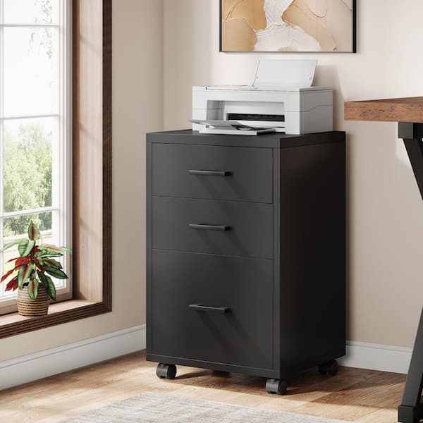 Atencio 3-Drawer Black Wood 16 in. W Vertical File Cabinet Office Filing Cabinet Rolling Printer Stand (Black)