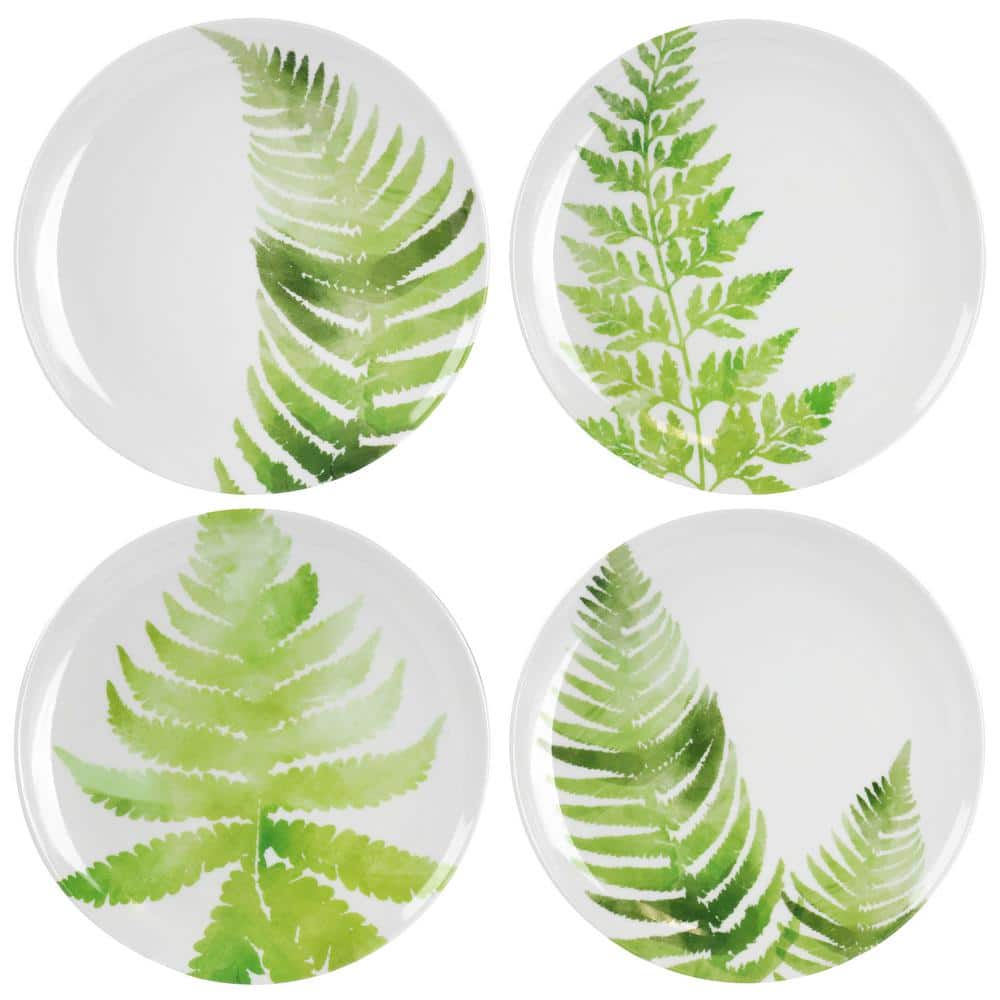 White and Green Fern Melamine 12-Piece Dinnerware Set