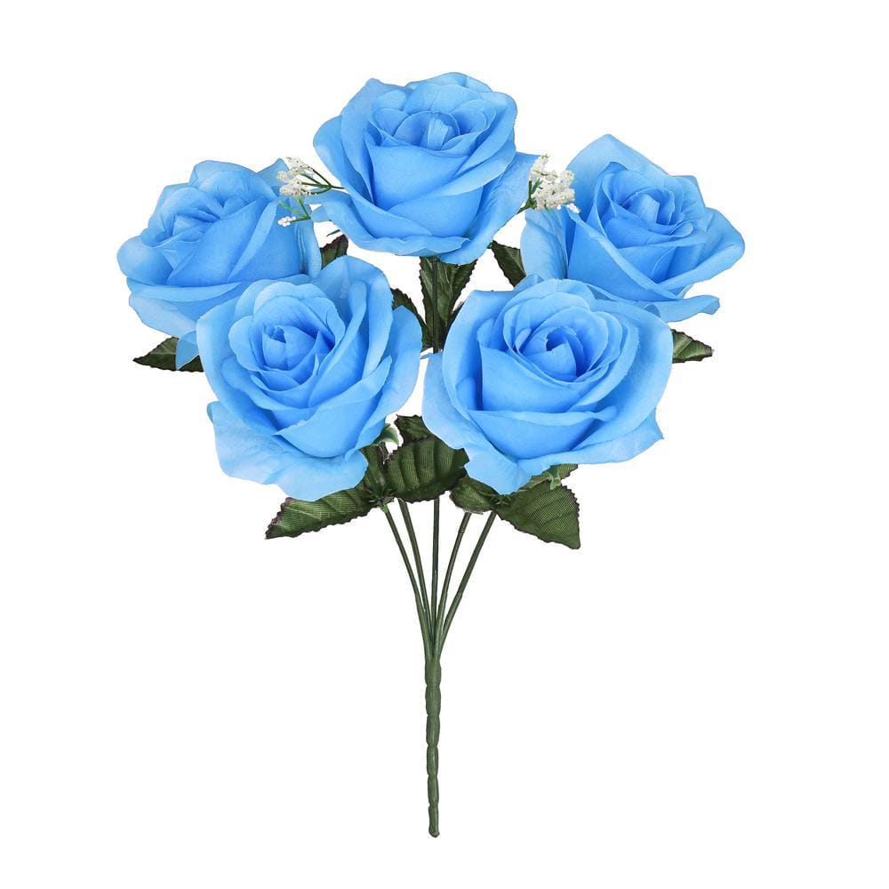 Rose216ライトブルーxs LIVING LUXURY 14 in. Blue Artificial Open Rose Flower Stem Bush