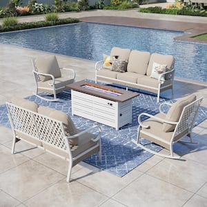 White 5-Piece Metal Outdoor Patio Conversation Seating Set with Rocking Chair 50000 BTU Fire Pit Table and Beige Cushion